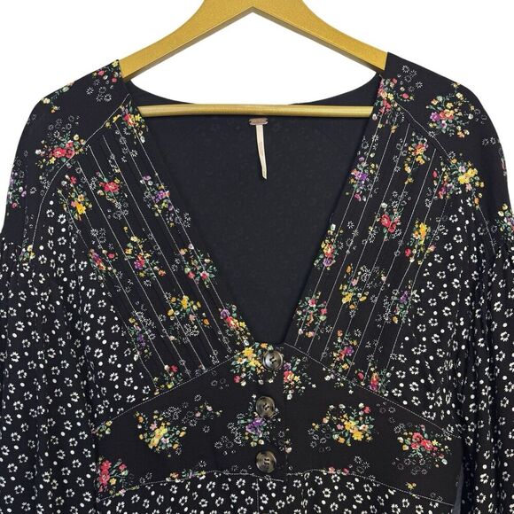 Free People Wonderland Floral Button Up Tunic Dress Size M Black Boho Cottage - Picture 6 of 10